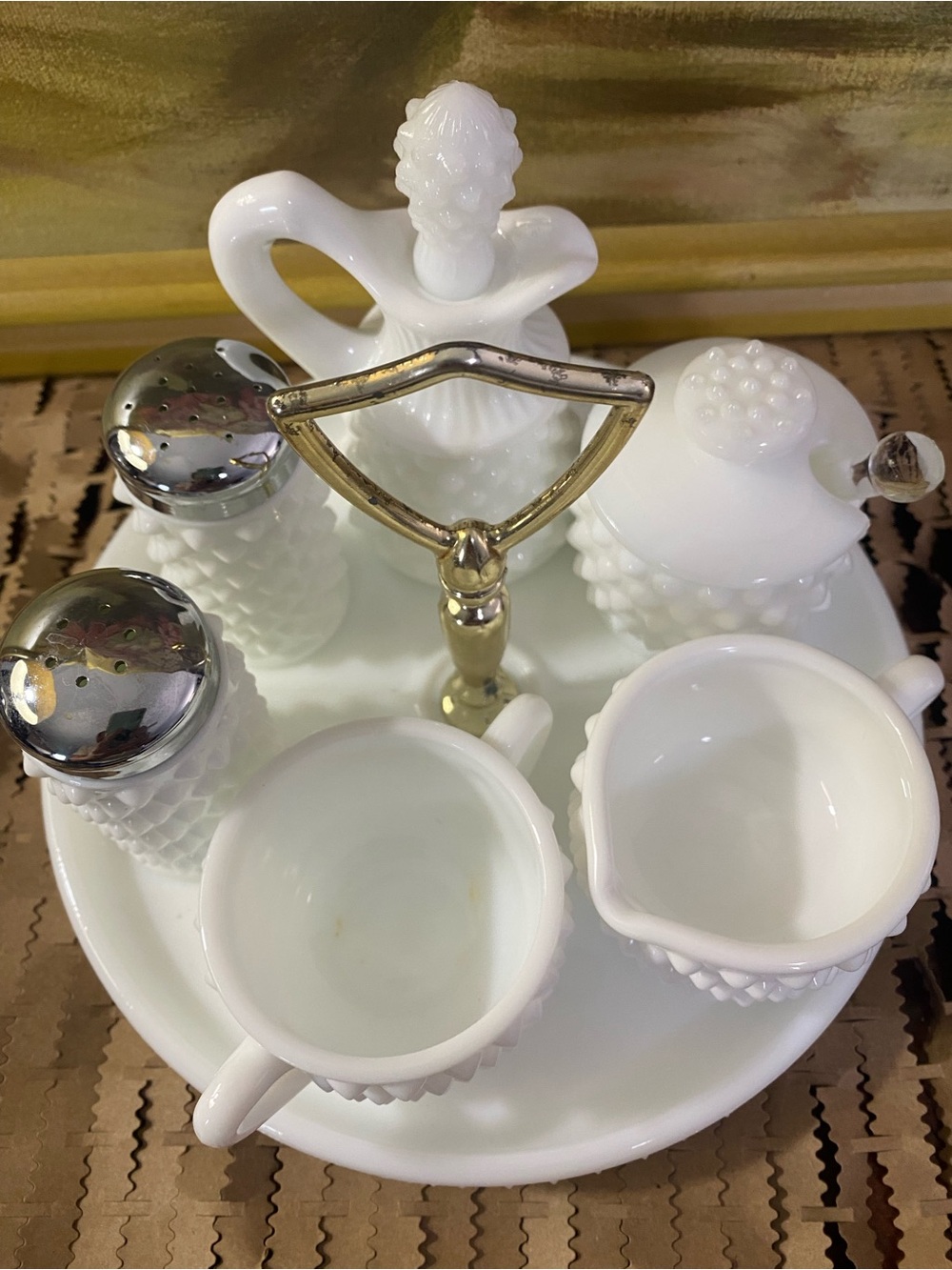 White Hobnail Milk Glass Condiment Set with Handle